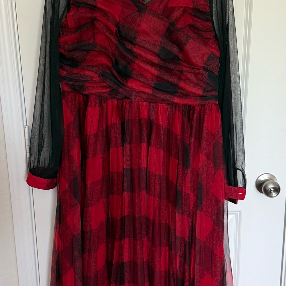 Eloquii Red and Black Plaid Dress with Sheer Detail